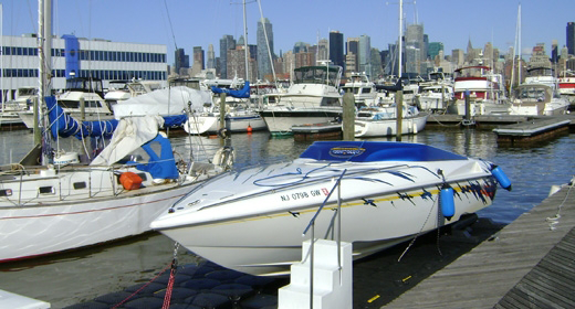 Speed boat on a floating boat lift